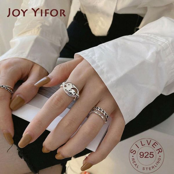 

cluster rings 925 sterling silver korean double layer star moon female retro fashion couple gift index finger handmade jewelry, Golden;silver