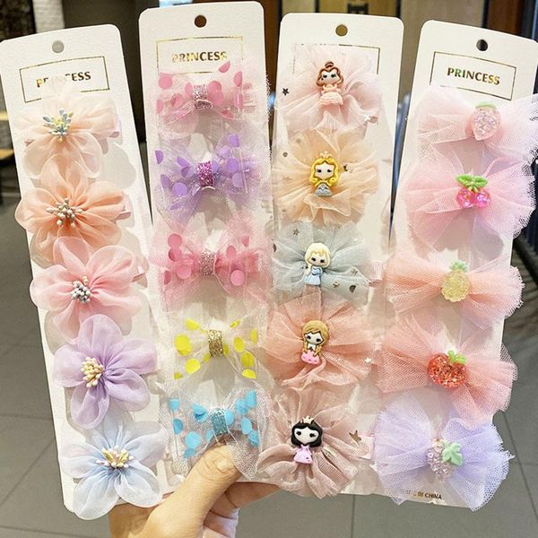 

hair accessories 5pcs/set girls cute colorful chiffon bow hairpins kids sweet headband ornament clips barrettes fashion, Slivery;white
