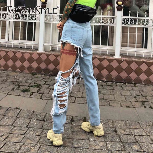 

casual hole jeans for women high waist patchwork tassel streetwear denim trouser female fashion new clothing 210428, Blue