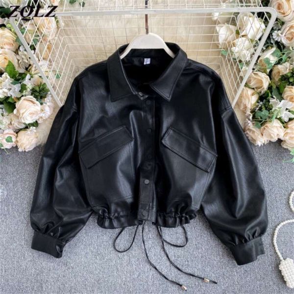 

zqlz vintage leather coat women loose black pu jacket female single breasted punk short faux leather overcoat mujer 210929