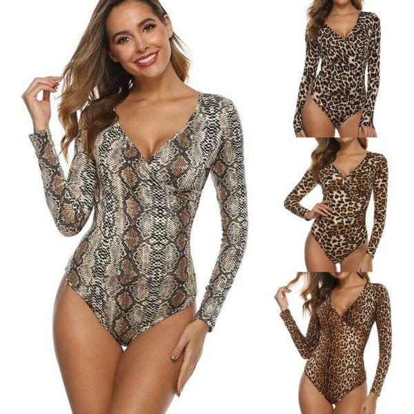 

women's jumpsuits & rompers 2021 women long sleeve leopard romper jumpsuit bodysuit leotard lady spring autumn v neck blouse, Black;white