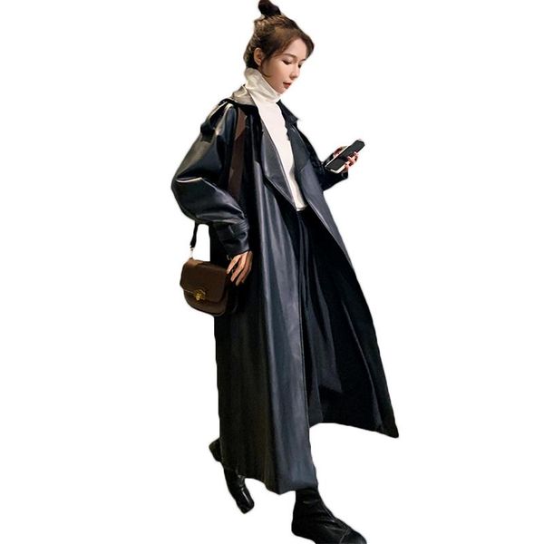 

women's trench coats fashion long black leather coat 2021 high-end atmosphere british style fried street temperament overcoats 83c, Tan;black