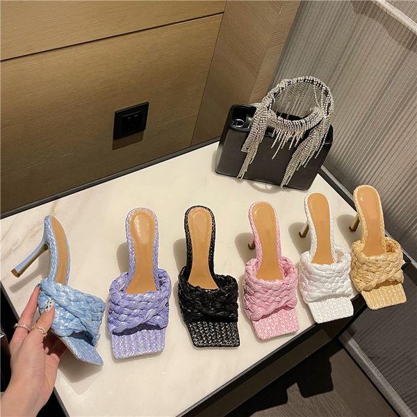 

eilyken 2021 new summer design weave square toe heels slippers gladiator beach womens sandal slides shoes dadetgkk;sahgks, Black