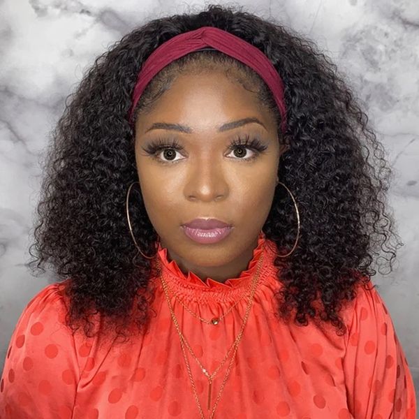 

mongolian headband wig human hair afro kinky curly wigs for black women natural color remy hair 150%, Black;brown
