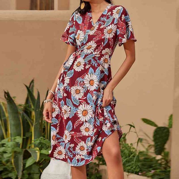 

casual dresses women v neck summer midi short sleeve flowers printed red a-line es girls party female vestidos xs4b, Black;gray