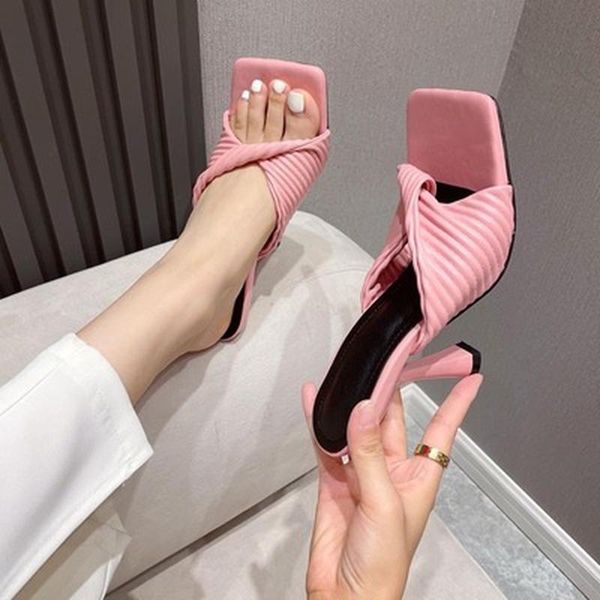 

sandals high heels slippers woman square toe fashion pleated design ladies summer outdoor runway party shoes, Black
