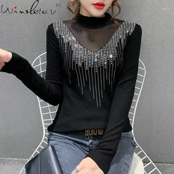 

fall winter european clothes knitted turtleneck sweater girls fashion transparent shiny dimaonds women pullover t0d607a women's, White;black