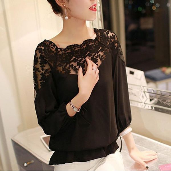 

elegant hollow lace woman blousesautumn three quarter sleeve chiffon shirt blouse women fashion female clothing, White