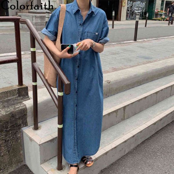 

colorfaith new 2021 women denim dresses summer casual vintage single breasted turn-down collar pockets loose long dress dr468 x0521, Black;gray