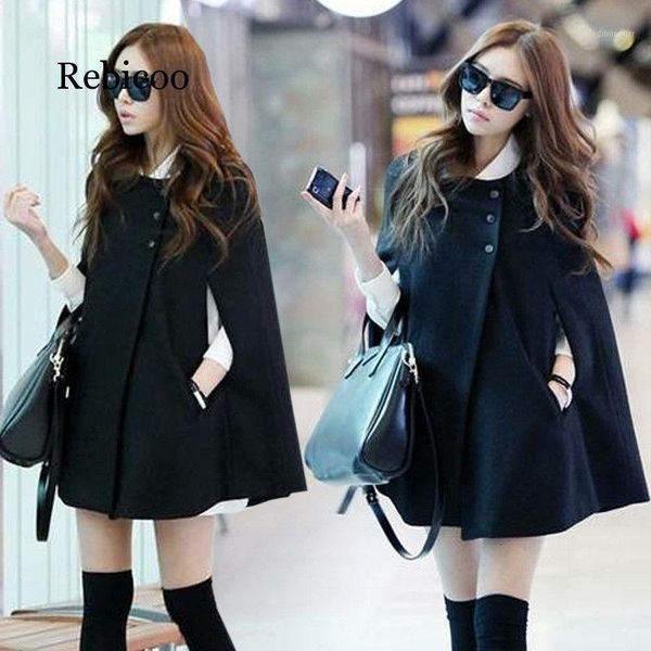 

women's & blends ladies coat with pocket loose o-neck batwing wool poncho autumn winter warm a line long jacket cape cloak coat1 d4ek, Black