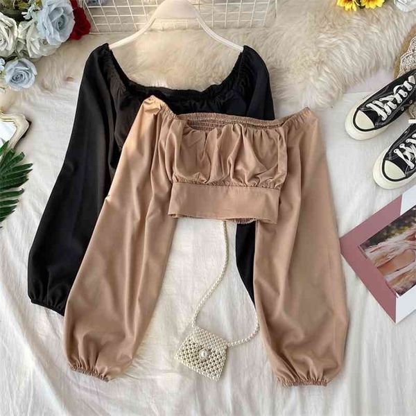 

spring autumn women's blouse french retro square collar solid color short navel stretch waist thinning shirts ll948 210507, White