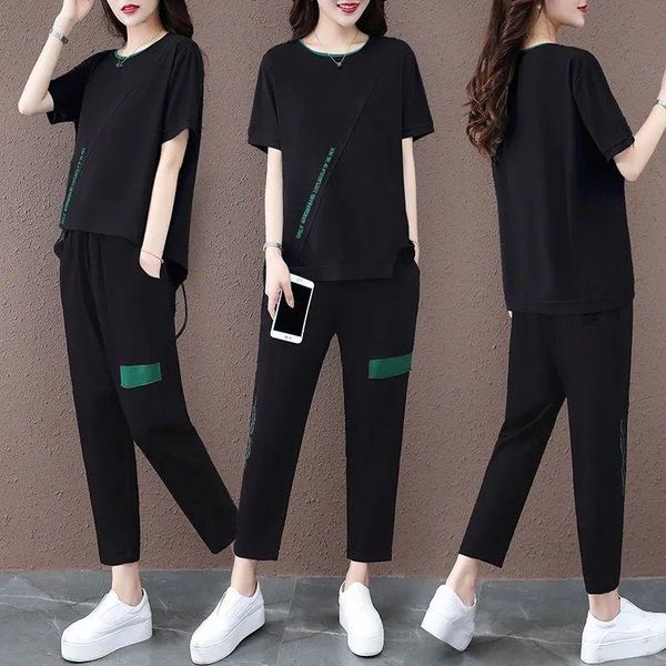 

women's two piece pants one-piece/set women 2021 summer plus size cotton t-shirt two-piece casual sports suit female loose nine-point l, White