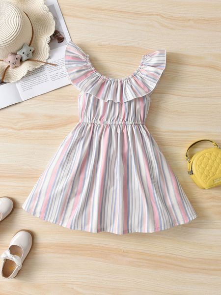 

toddler girls vertical striped ruffle trim dress she, Red;yellow