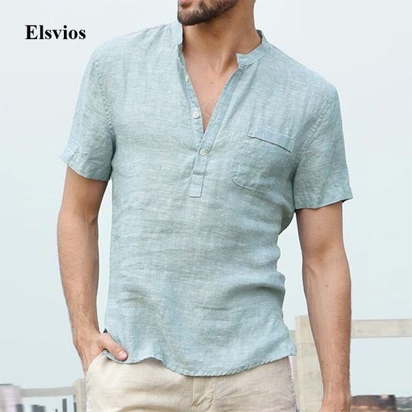 

men's casual shirts 2021 fashion stand collar button pocket summer vintage linen cotton for men short sleeve mens pullover ny, White;black