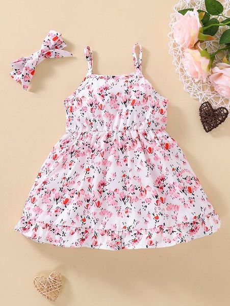 

baby floral print ruffle hem cami dress with headband she, Red;yellow