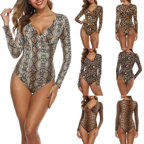 

women's jumpsuits & rompers women leopard snake print jumpsuit spring long sleeve deep v neck female lady bodysuit leotard clothin, Black;white