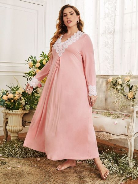 

plus lace trim v neck sleep dress p1qo#, Black;white