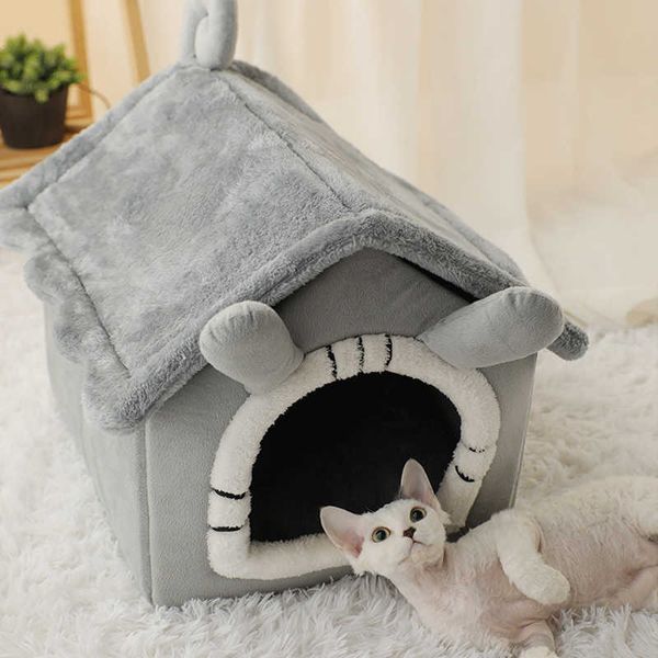 Dormir profundo Casa de gato de animal de estimação cama de cama coberta de cama de inverno aquecer para pequeno cão gatinho suprimentos sofá dobrável 210713