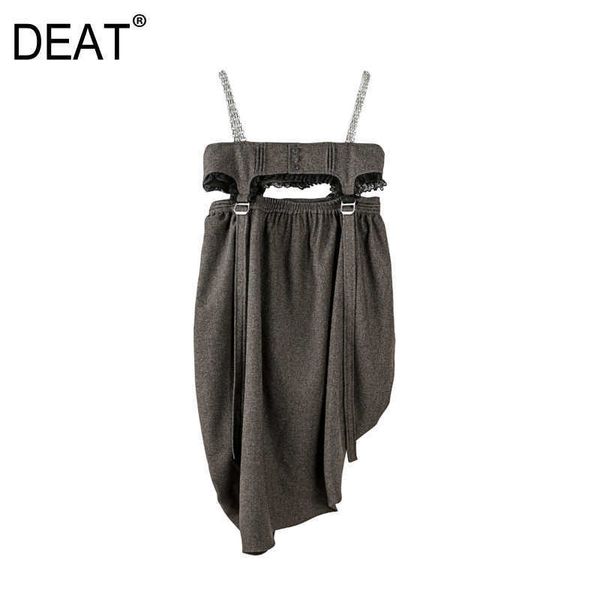 

[deat] fashion summer slash neck high waist sleeveless solid color irregular loose sling dress women 13c194 210527, Black;gray