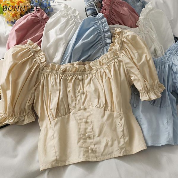 

women's blouses & shirts women elegant soft cozy feminine all-match retro summer solid square collar crops blusas basic beach wear slim, White