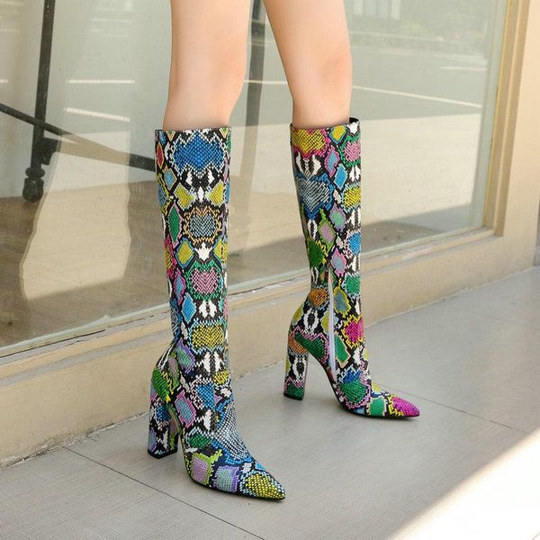 

boots 2021 snake print knee high women faux leather square heel long pointed toe zipper autumn winter, Black
