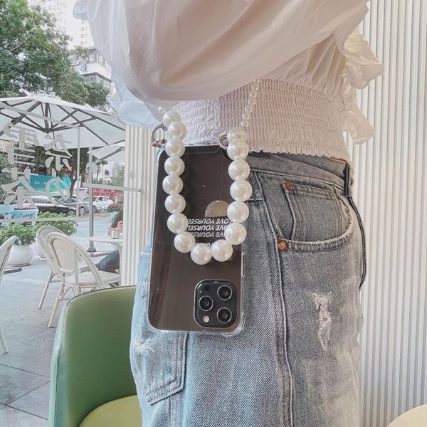 

card holders suitable for ins wind big pearl chain apple 12 mobile phone case iphone11 12promax messenger 7/8, Brown;gray