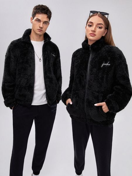 

1pc letter embroidery kangaroo pocket flannel jacket 40ht#, Black;brown