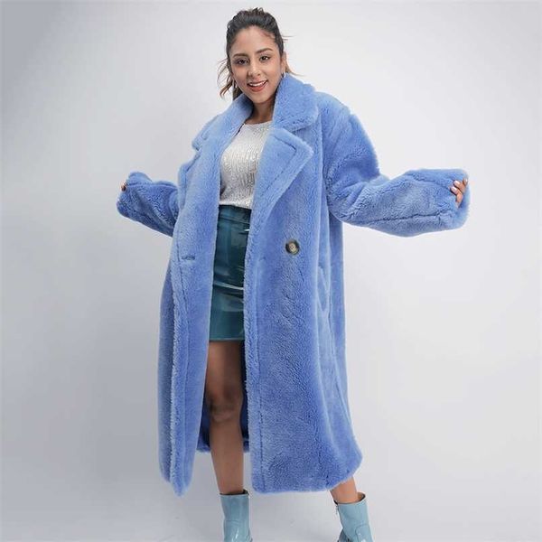 Kadınlar 100% Gerçek Koyun Shearling Coat Casual Ceket Sonbahar Kış Uzun Kollu Yaka Kürk Giyim Kadın Yün Teddy Bear Ceket 211203