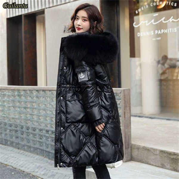

winter hooded fur collar long parkas mujer thick warm down cotton padded jacket women plus size casual hoodies coat female 210927, Black