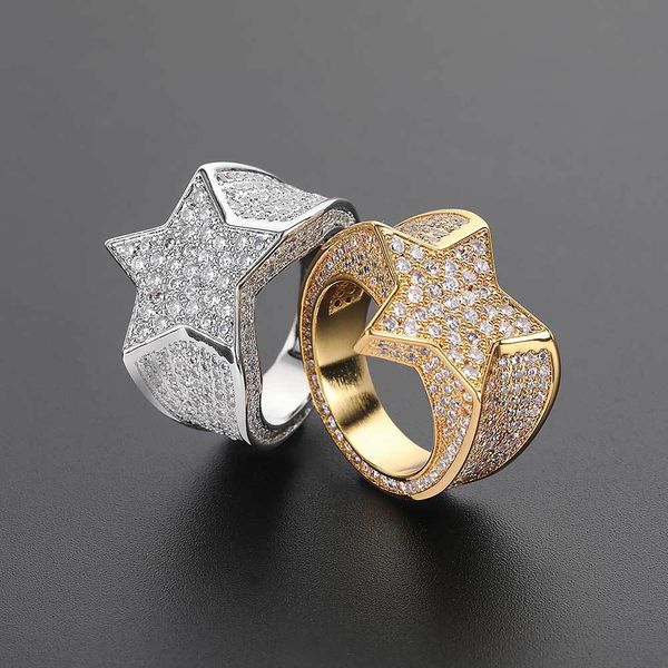 Hip Hop com pedras laterais cobre embutido zircão pentagrama anel real ouro galvanoplasting hiphopring anel jóias