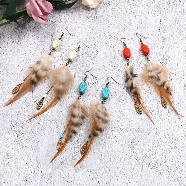 

boho multicolor feather dangle earrings for woman vintage ethnic geometric square natural turquoises long chain earrings jewelry, Silver