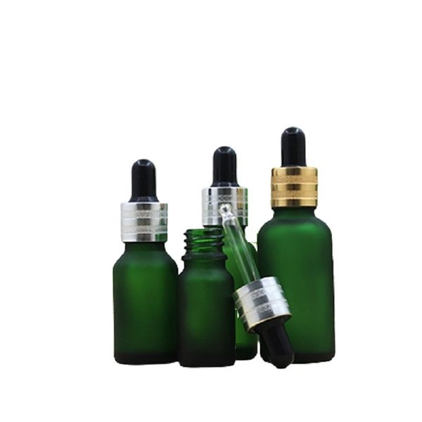 Bottiglia vuota in vetro verde gelo Fiale di olio essenziale Confezione cosmetica Profumo Contenitore riutilizzabile Sabbia Anello in oro e argento Parte superiore nera 5ML 10ML15ML 20ML 30ML 50ML 100ML