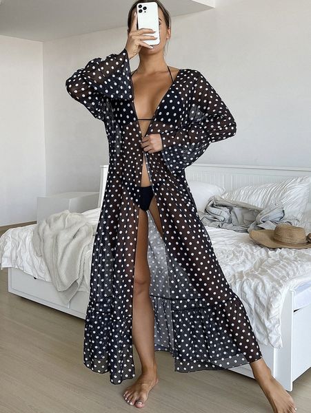 

polka dot long sleeve kimono 78jj#, White;black