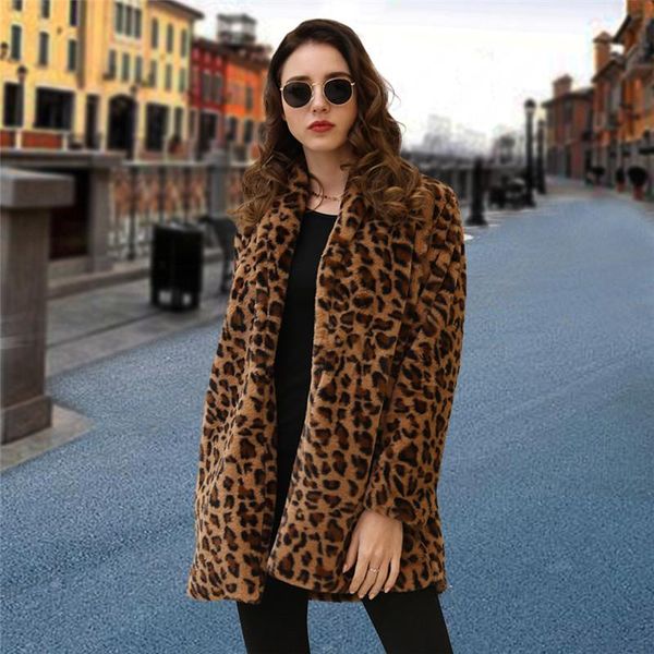 

women's fur & faux 2021 fashion leopard women coat luxury long overcoat loose lapel thick warm outwear plus size female coats, Black