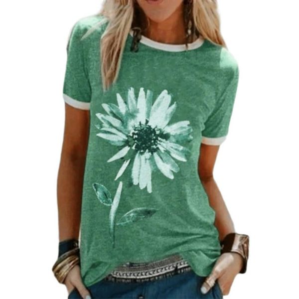 

women casual t shirt clothes short sleeve summer oversized t-shirts round neck solid flower printed female shirts women's t-shirt, White
