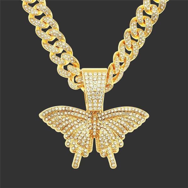 

iced out butterfly necklace cuban link chain choker gifts for women chains bling hip hop pendant jewelry necklaces, Silver