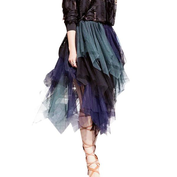 

skirts daily apparel female summer simple fashion casual elastic waist color green blue patchwork irregular mesh midi skirt for women, Black