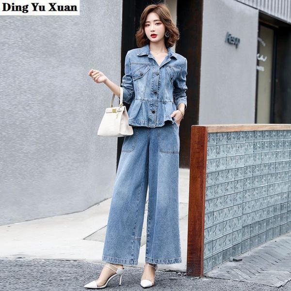 

women's two piece pants denim set women jacket coat and wide leg trouser fashion outfits autumn jeans pantsuit casual loose suit, White