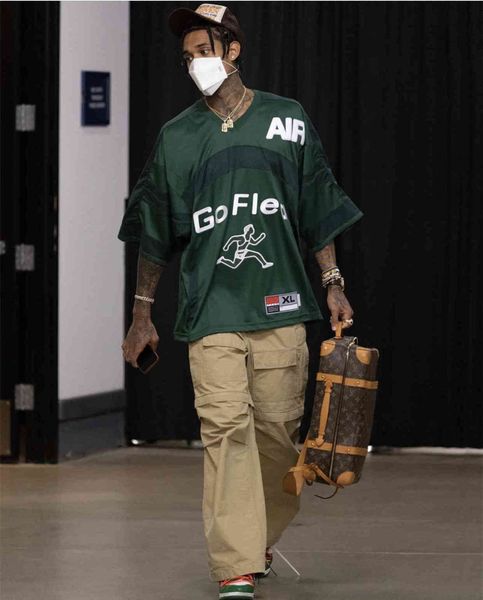 

cpfm print loose round neck hockey short sleeve embroidered mesh t-shirt, White;black