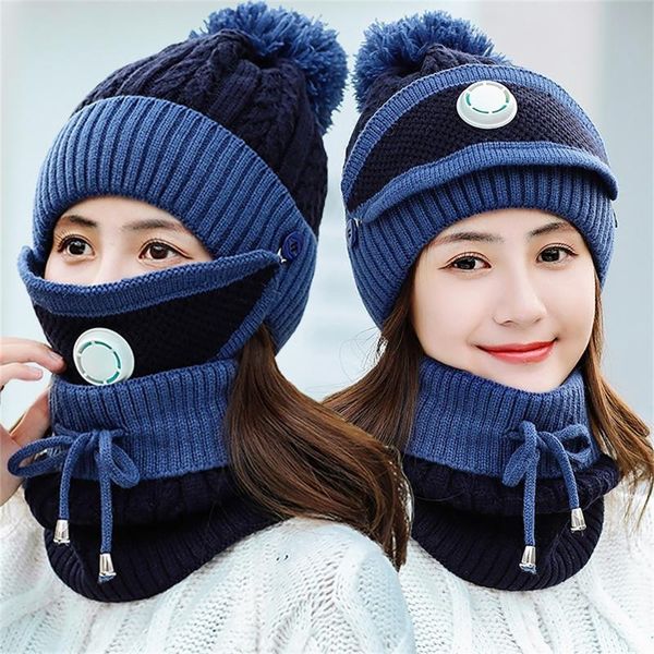 

berets 3pcs women winter knit hats girls beanie hat est cap scarf set warm skull neck warmer with thick fleece lined, Blue;gray