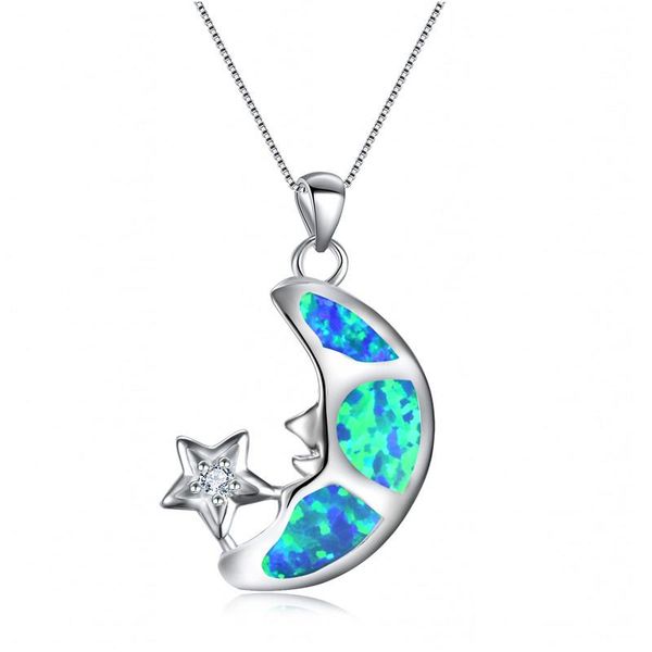 

pendant necklaces boho female blue opal necklace silver color chain for women charm bridal star moon wedding