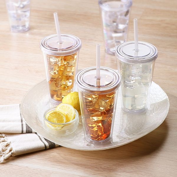 Tumblers transparentes de 16oz copo de suco bebendo plástico com lábio e caneca de café mágica de palha wll886