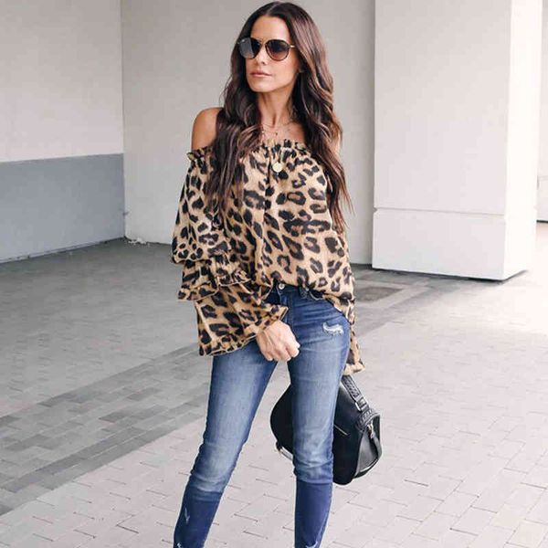 

2020 fashion womens dresses ladies leopard elegant bodycon low cut off shoulder long sleeve blouse autumn shirt x0521, White