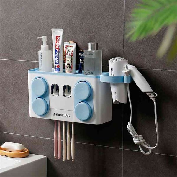 Настенный держатель зубной щетки Автоматическая зубная паста Диспенсер для ванной комнаты Ящик для хранения аксессуаров 210423