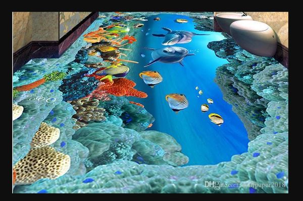 

custom 3d wallpaper for wall sea world underwater caves dolphin fish flooring bricks bathroom wallpapers