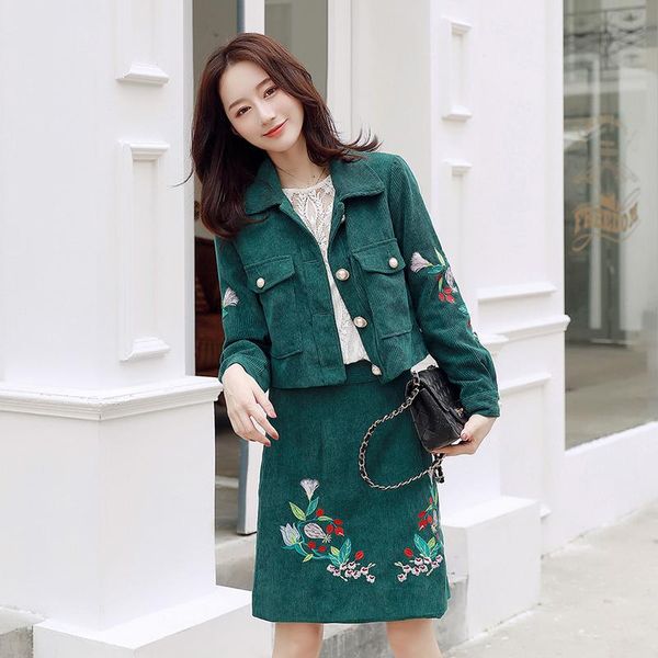 

women's tracksuits autumn two piece sets elegant single-breasted long sleeve corduroy jacket and fashion flower embroidery skirts suits, Gray
