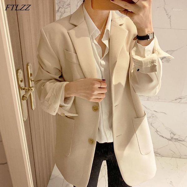 

women's trench coats ftlzz spring office lady single breasted pockets blazer elegant women turn-down collar long sleeve solid blazers c, Tan;black