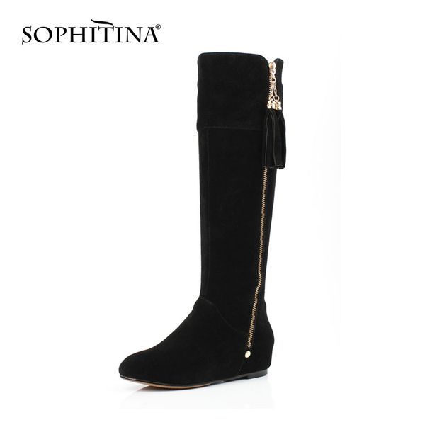 

sophitina winter knee-high boots woman genuine leather warm round toe high height increasing heel zipper tassel boots po785 210513, Black