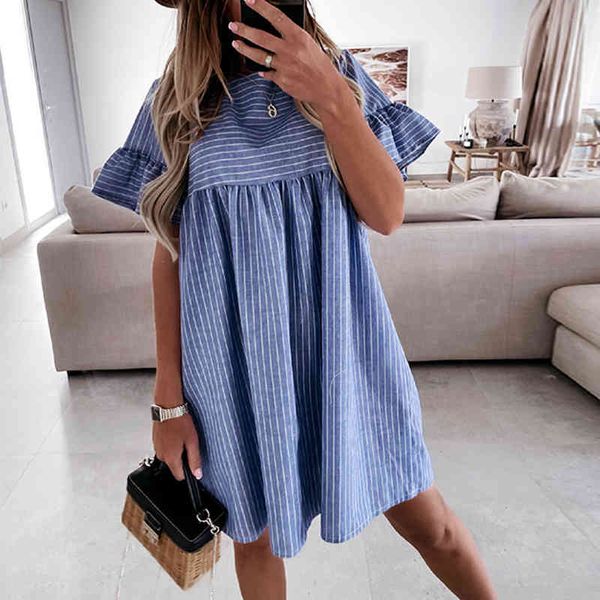 

s-2xl summer women striped lantern short sleeve round neck casual dress elegant office lady vestido feminino 210521, Black;gray