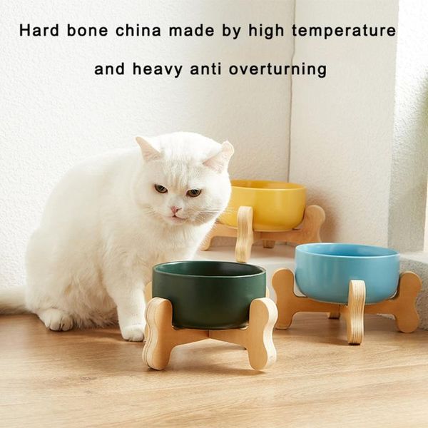 

ceramic cat dog bowl dish with wood stand no spill pet water feeder extra large anti-overturning flat bottom bowls & feeders